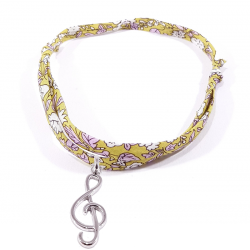 Bracelet en tissu liberty jaune vert avec pendentif clef de sol