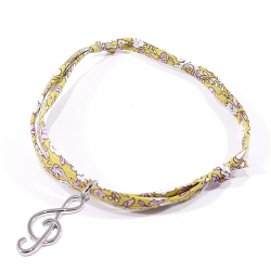 Bracelet en tissu liberty jaune vert clef de sol en argent massif