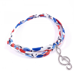 Bracelet en tissu liberty bleu blanc rouge avec pendentif clef de sol en argent massif