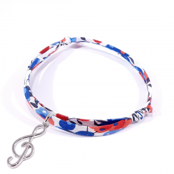 Bracelet en tissu liberty bleu blanc rouge clef de sol en argent massif