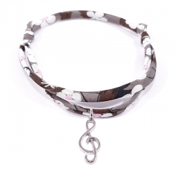 Bracelet en tissu liberty marron clef de sol en argent massif