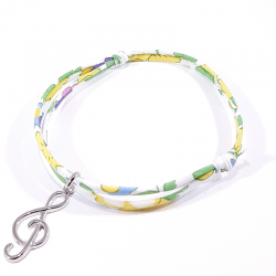 Bracelet en tissu liberty jaune mimosa clef de sol en argent massif