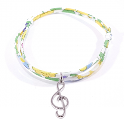 Bracelet en tissu liberty jaune mimosa avec pendentif clef de sol