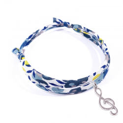 Bracelet en tissu liberty mimosa avec pendentif clef de sol en argent massif