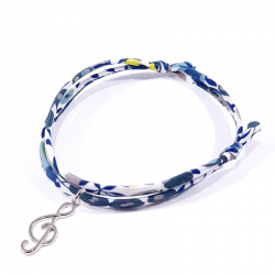 Bracelet en tissu liberty mimosa clef de sol en argent massif