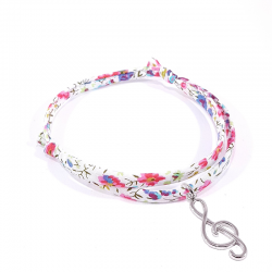 Bracelet en tissu liberty fleurs multicolores avec pendentif clef de sol en argent massif