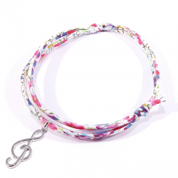 Bracelet en tissu liberty fleurs multicolores clef de sol en argent massif