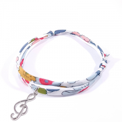 Bracelet en tissu liberty fleurs clef de sol en argent massif