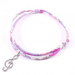 Bracelet en tissu liberty rose avec clef de sol en argent massif