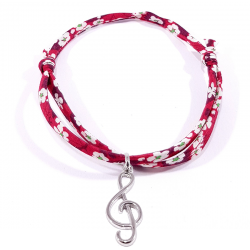 Bracelet en tissu liberty rouge avec pendentif clef de sol