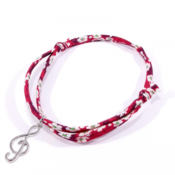 Bracelet en tissu liberty rouge clef de sol en argent massif