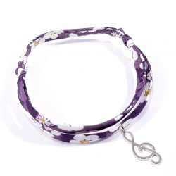 Bracelet en tissu liberty violet avec pendentif clef de sol en argent massif