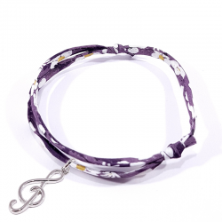 Bracelet en tissu liberty rouge clef de sol en argent massif