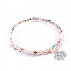 bracelet en tissu liberty étoiles avec pendentif arbre de vie en argent massif 925