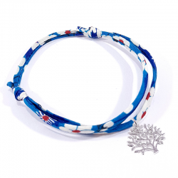 bracelet en tissu liberty bleu outremer avec pendentif arbre de vie en argent massif 925