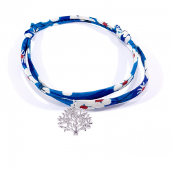 bracelet en tissu liberty bleu outremer avec pendentif arbre de vie