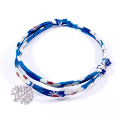 bracelet en tissu liberty bleu  avec pendentif arbre de vie en argent massif 925