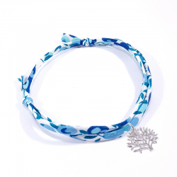 bracelet en tissu liberty bleu cristal avec pendentif arbre de vie en argent massif 925