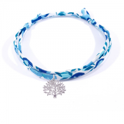 bracelet en tissu liberty bleu cristal avec pendentif arbre de vie