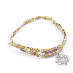 bracelet en tissu liberty vert jaune avec pendentif arbre de vie en argent massif 925