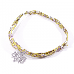 bracelet en tissu liberty vert jaune avec pendentif arbre de vie