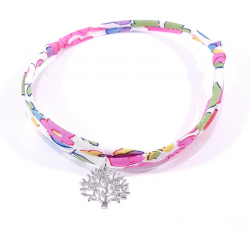 bracelet en tissu liberty fleur de fuchsia avec pendentif arbre de vie