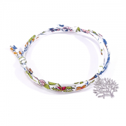 bracelet en tissu liberty fleur de grenade avec pendentif arbre de vie en argent massif 925