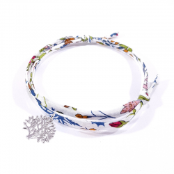 bracelet en tissu liberty fleur de grenade avec arbre de vie en argent massif 925