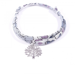 bracelet en tissu liberty gris avec pendentif arbre de vie en argent massif 925