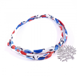 bracelet en tissu liberty bleu blanc rouge avec pendentif arbre de vie en argent massif 925