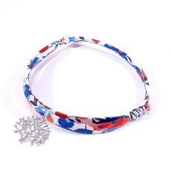 bracelet en tissu liberty bleu blanc rouge avec arbre de vie en argent massif 925