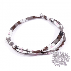 bracelet en tissu liberty marron avec pendentif arbre de vie en argent massif 925