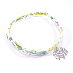 bracelet en tissu liberty jaune mimosa avec pendentif arbre de vie en argent massif 925