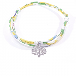 bracelet en tissu liberty jaune mimosa avec arbre de vie en argent massif 925