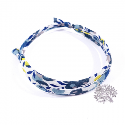 bracelet en tissu liberty mimosa avec pendentif arbre de vie en argent massif 925