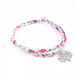 bracelet en tissu liberty fleurs multicolores avec pendentif arbre de vie en argent massif 925