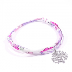 bracelet en tissu liberty fleurs roses avec pendentif arbre de vie en argent massif 925