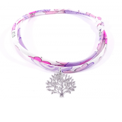 bracelet en tissu liberty fleurs roses avec pendentif arbre de vie