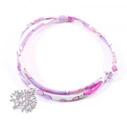 bracelet en tissu liberty fleurs roses avec arbre de vie en argent massif