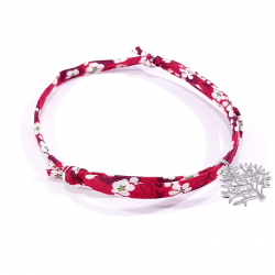 bracelet en tissu liberty rouge avec pendentif arbre de vie en argent massif 925