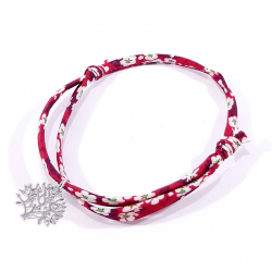 bracelet en tissu liberty rouge avec arbre de vie en argent massif