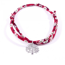 bracelet en tissu liberty rouge avec pendentif arbre de vie