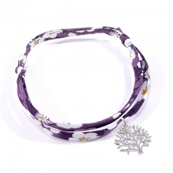 bracelet en tissu liberty violet avec pendentif arbre de vie en argent massif 925