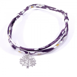 bracelet en tissu liberty violet avec pendentif arbre de vie