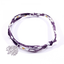 bracelet en tissu liberty violet avec arbre de vie en argent massif