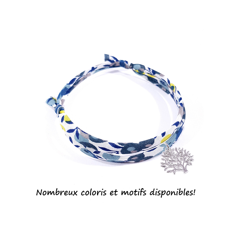 bracelet en tissu liberty avec pendentif arbre de vie en argent massif 925