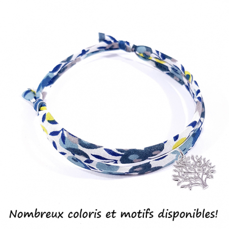 bracelet en tissu liberty avec pendentif arbre de vie en argent massif 925