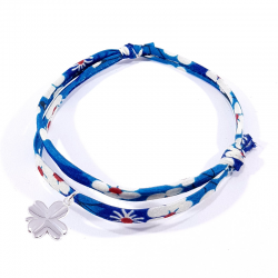 Bracelet porte bonheur en tissu liberty  bleu  trèfle en argent massif