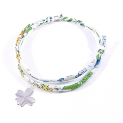 Bracelet porte bonheur en tissu liberty  fleur de capucine et trèfle en argent massif