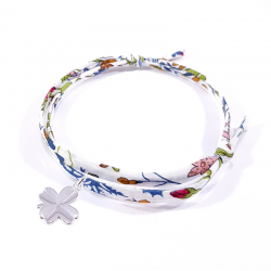 Bracelet porte bonheur en tissu liberty  fleur de grenade et trèfle en argent massif